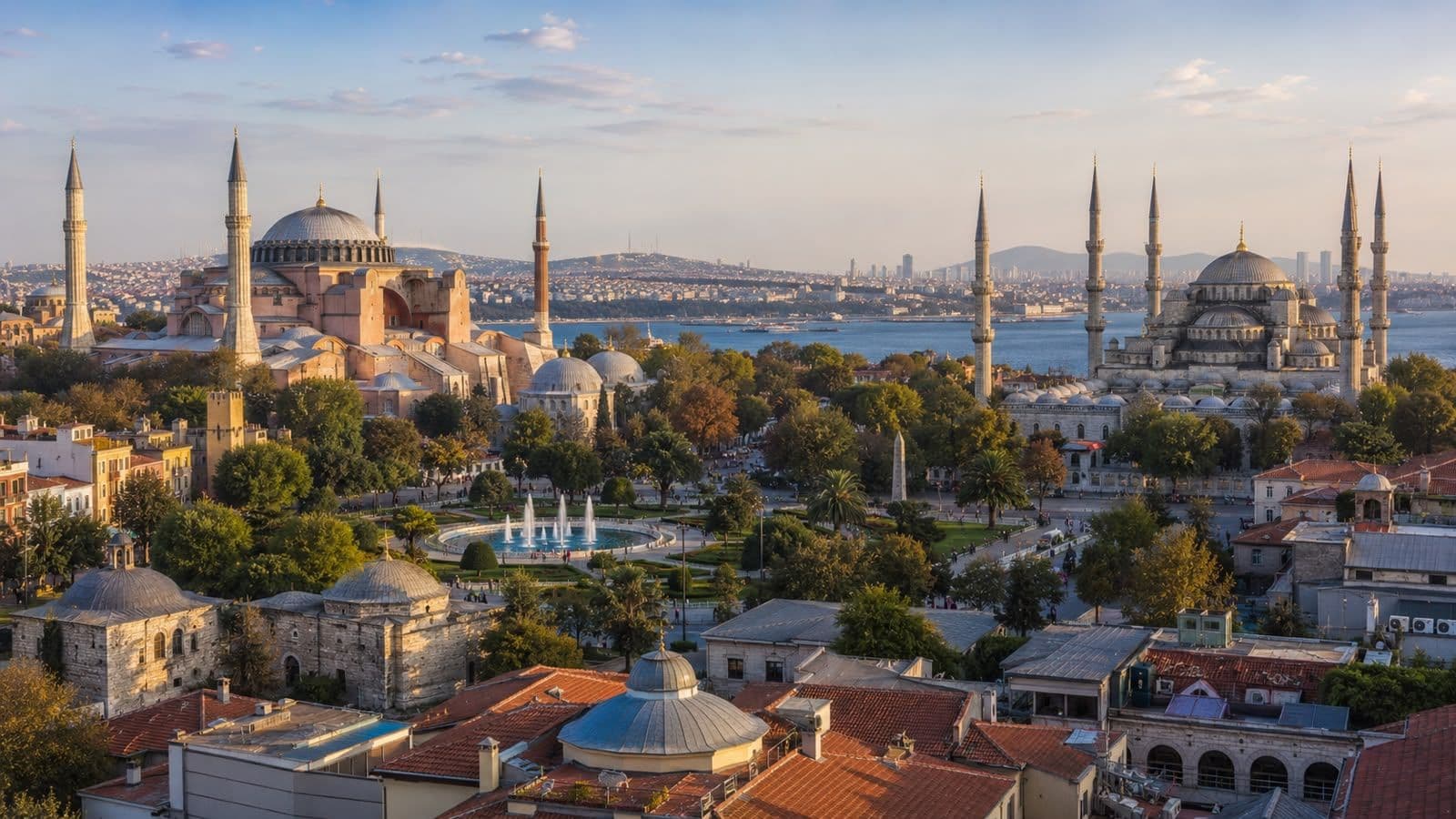 Istanbul skyline featuring Hagia Sophia and the Blue Mosque overlooking the Bosphorus