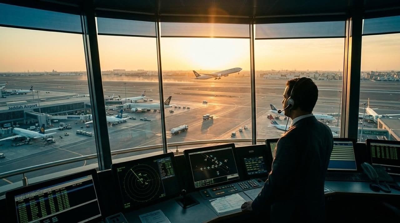Air traffic control and airport slot coordination concept with digital aircraft graphics overlooking a runway.