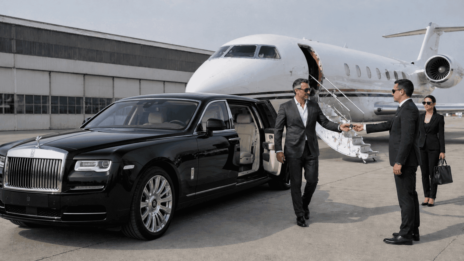 A luxury ground transportation handoff at a private aviation terminal