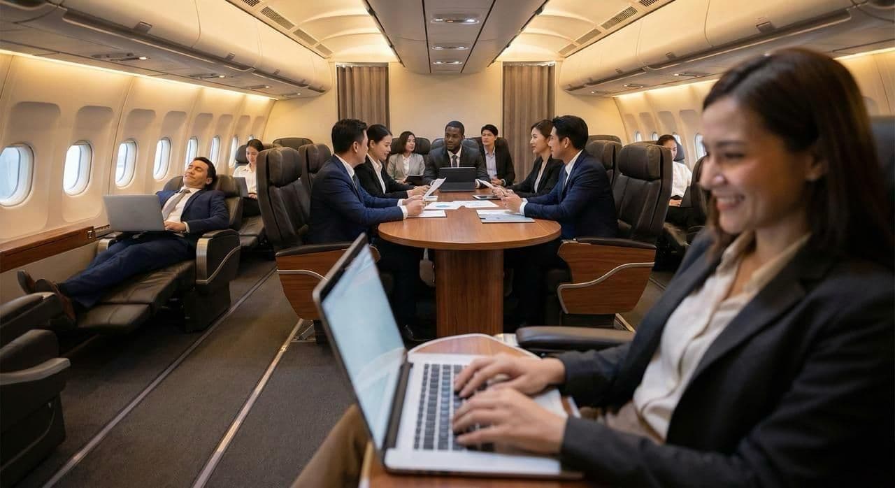 Flight attendant serving a gourmet meal to a passenger in a business jet cabin.  Business professionals holding a meeting in a private jet cabin lounge.