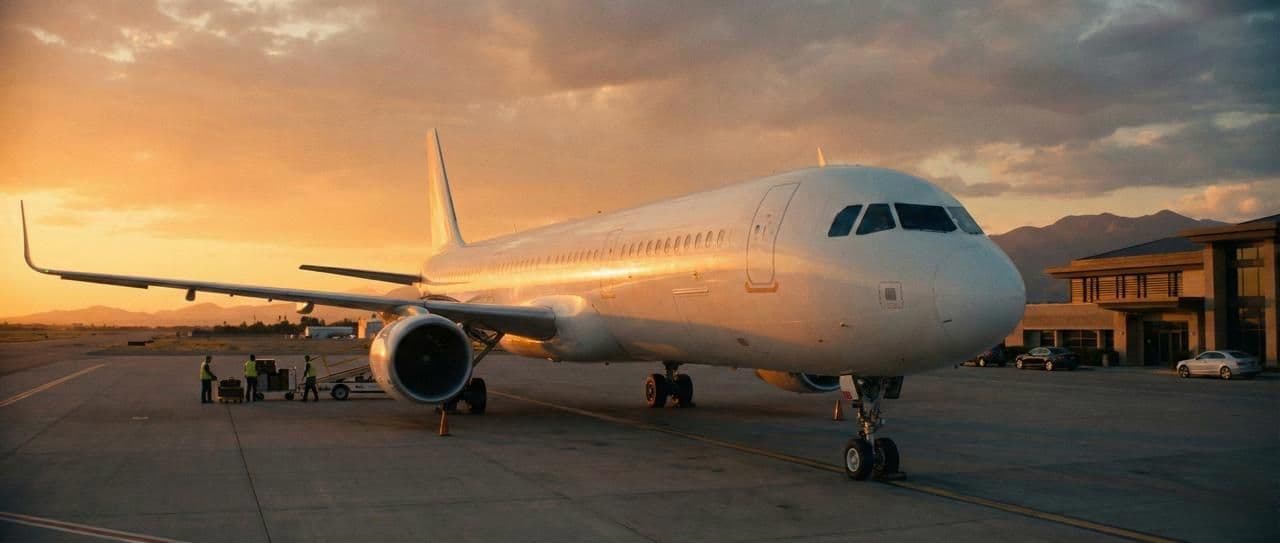 Private jet parked on the runway at sunset with ground crew preparing for departure.