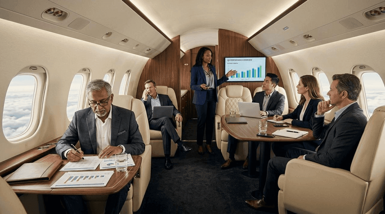 Business executives holding a meeting inside a private jet cabin during a corporate charter flight.