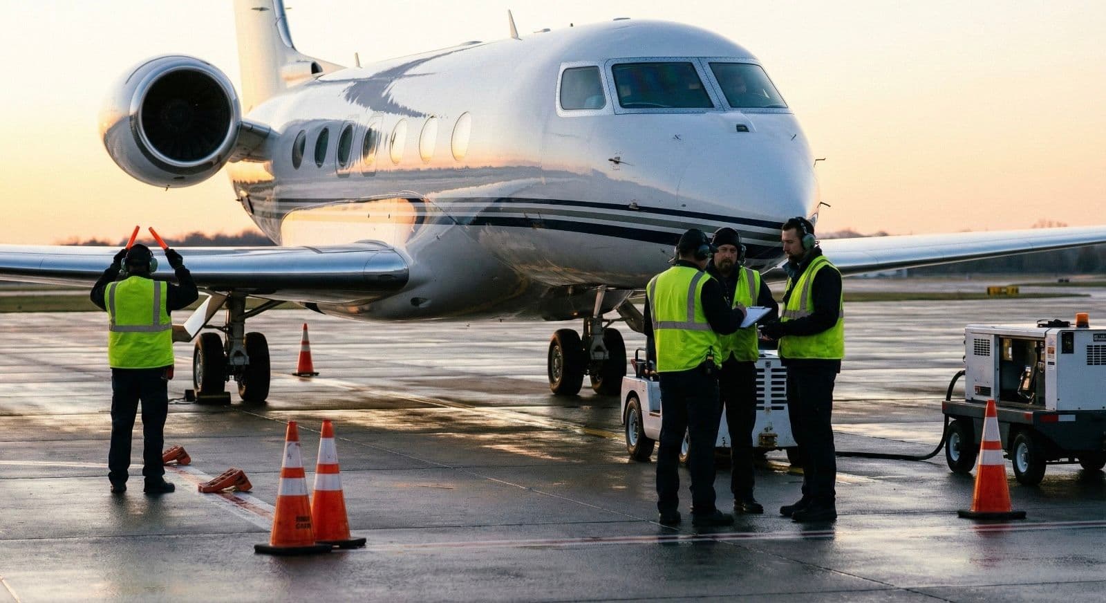 Ground crew preparing and servicing a private jet on the airport apron.