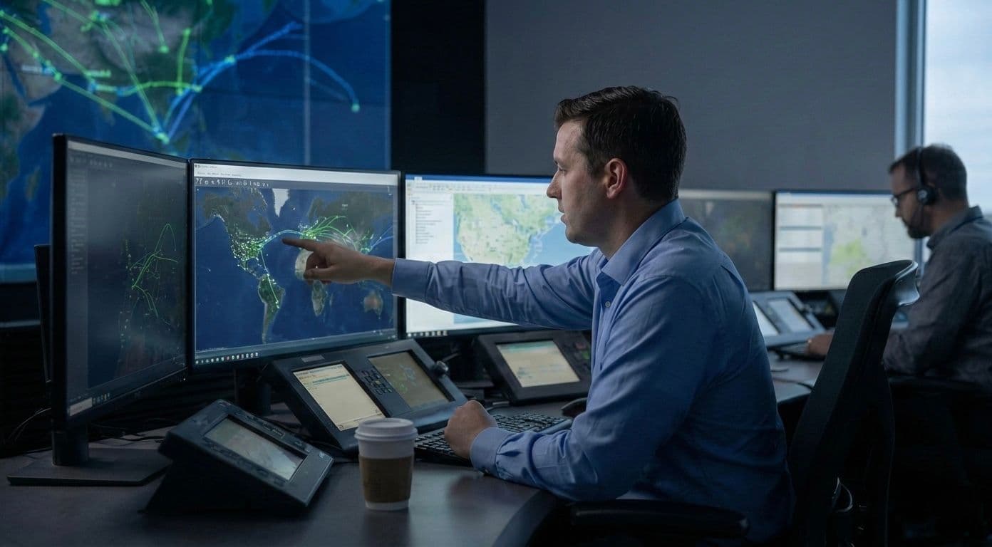 Operations staff monitoring flight routes and logistics on multiple screens in a control room.