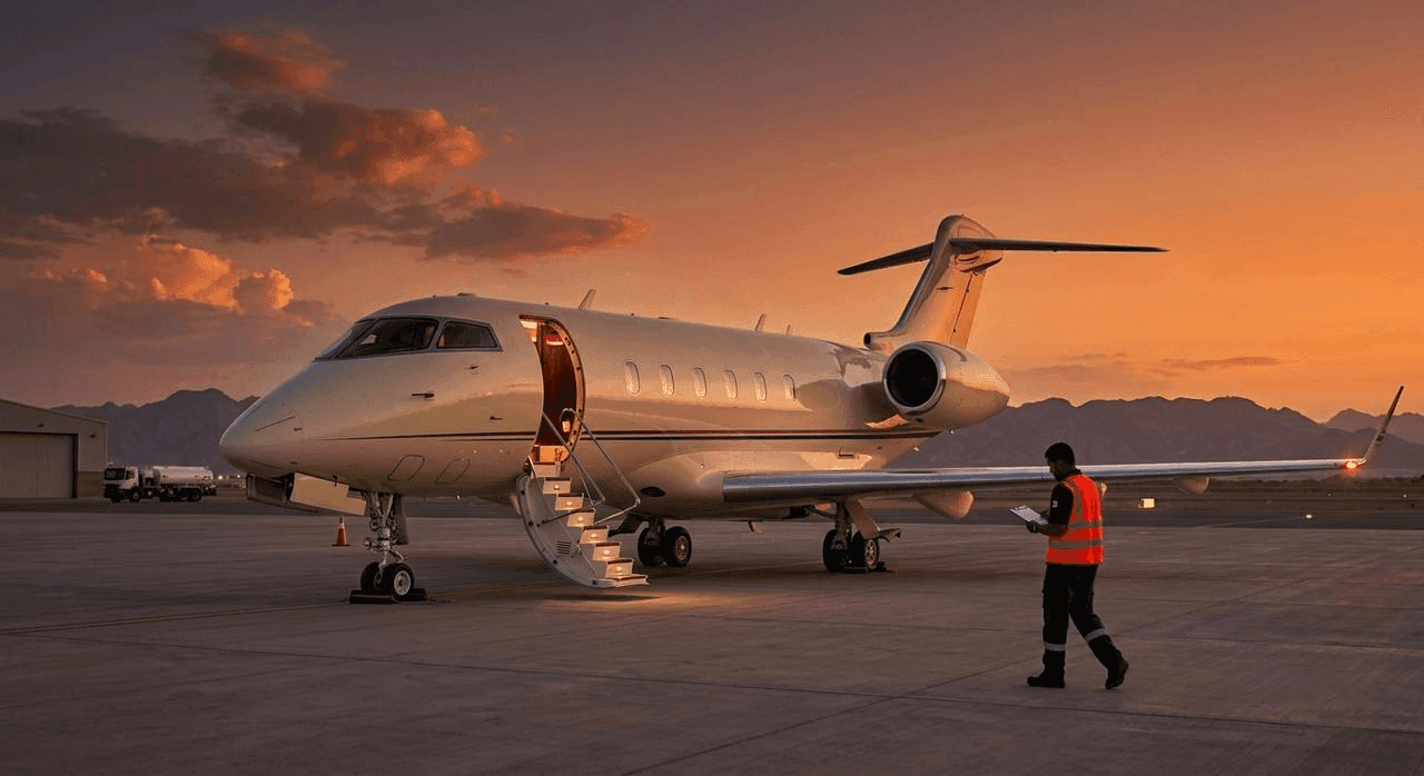Private jet parked on the apron at sunset with ground staff inspecting the aircraft for an empty leg flight.
