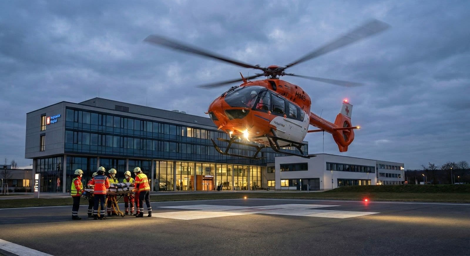 Orange air ambulance helicopter landing at a hospital helipad at night, with paramedics preparing a stretcher.