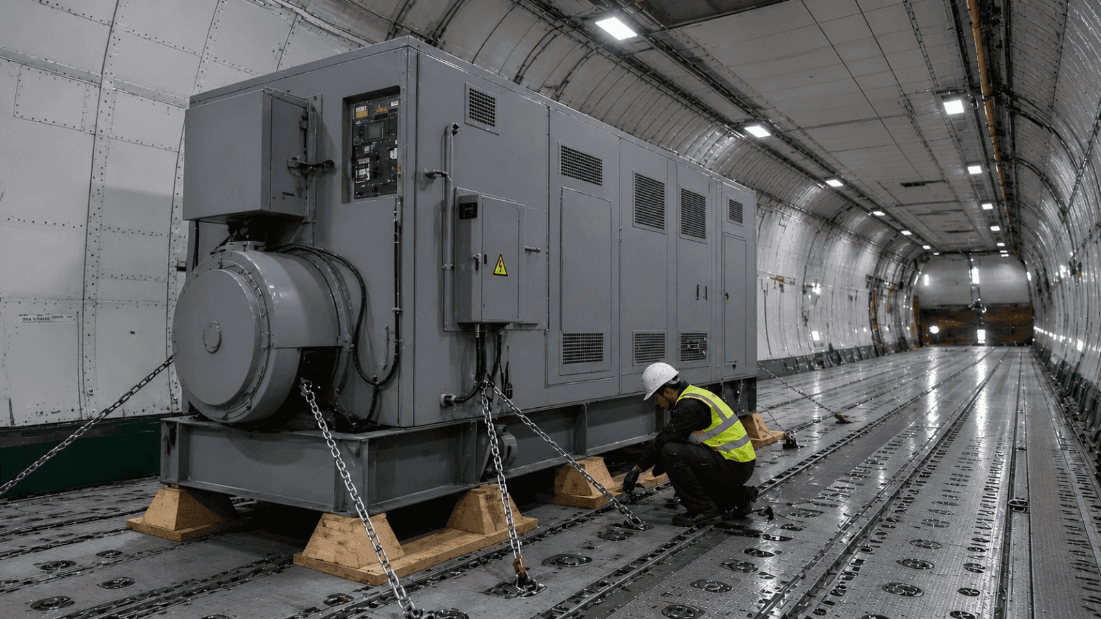 Heavy industrial equipment secured inside an aircraft cargo hold for specialized air freight transport
