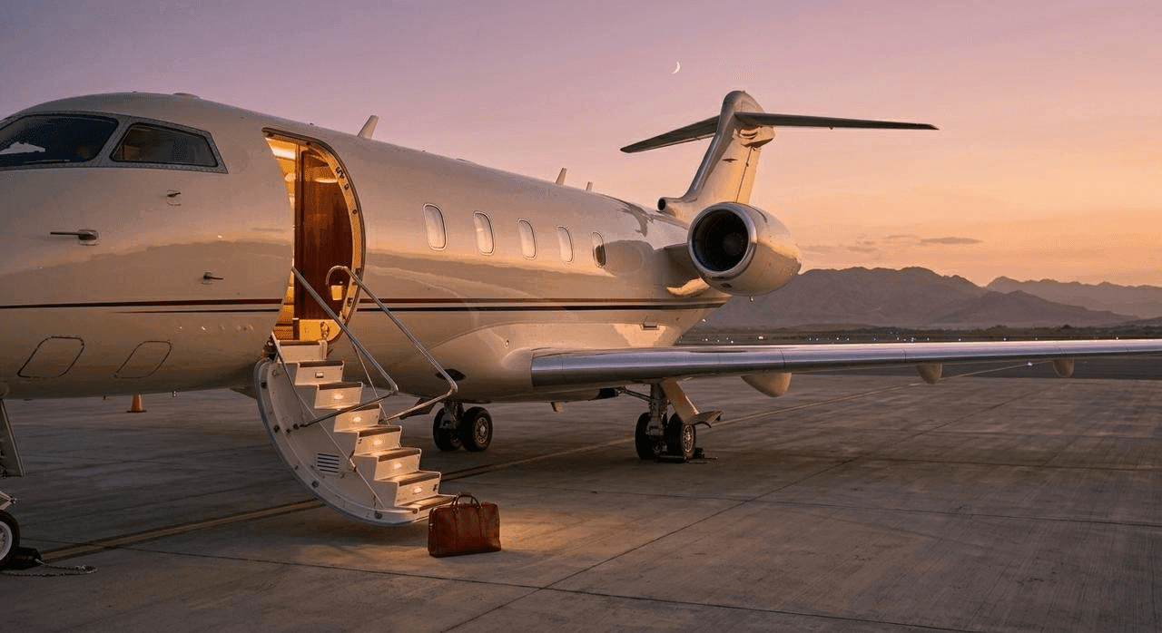 Light business jet parked on the tarmac at sunset with illuminated airstairs and cabin door open