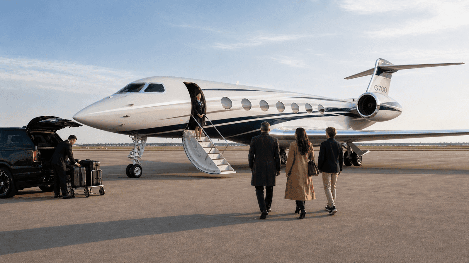 Passengers boarding an ultra long-range private jet on the airport apron