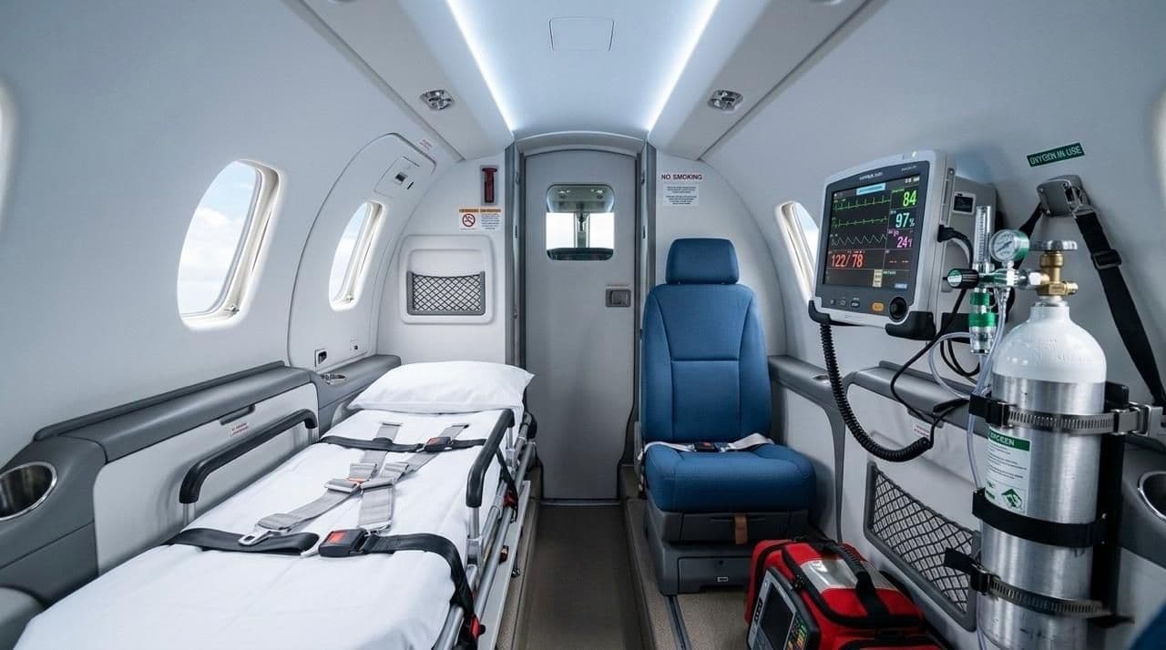 Light medevac aircraft interior equipped with medical monitoring equipment.