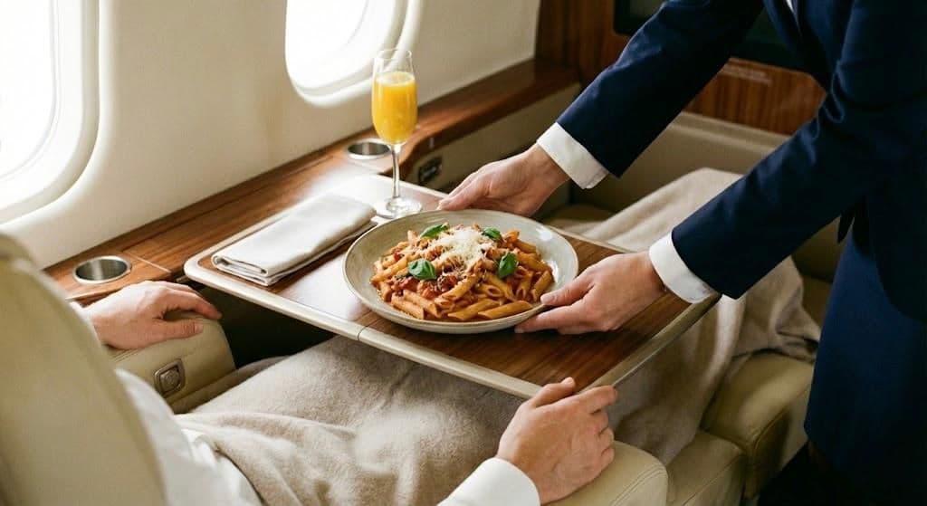 Flight attendant serving a gourmet meal to a passenger in a business jet cabin.