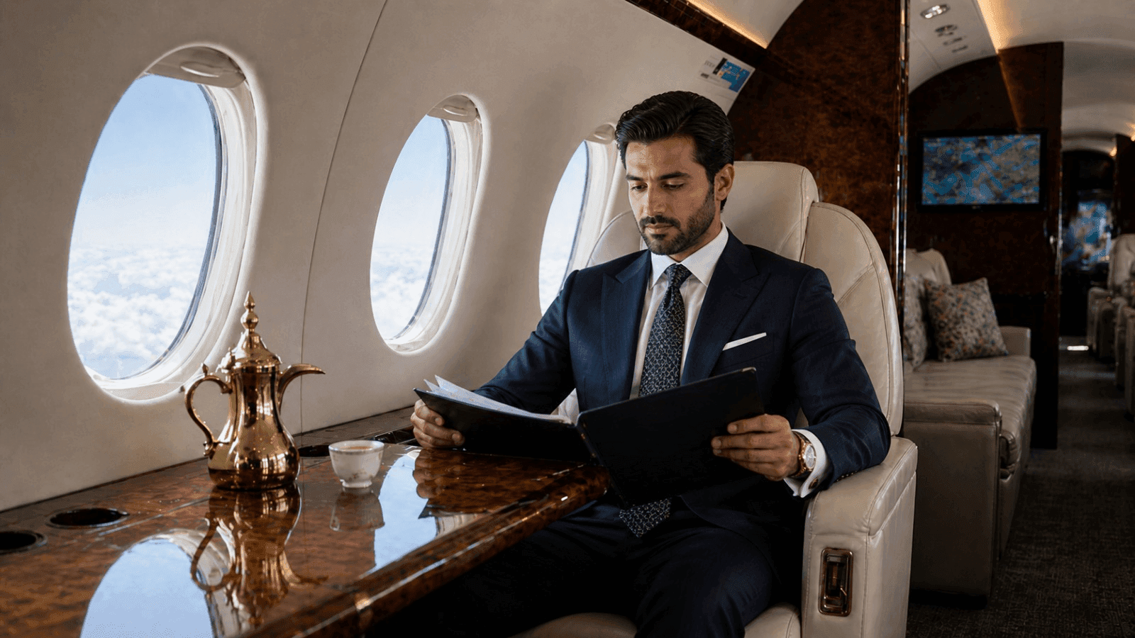 A VIP executive traveling aboard a luxury private jet