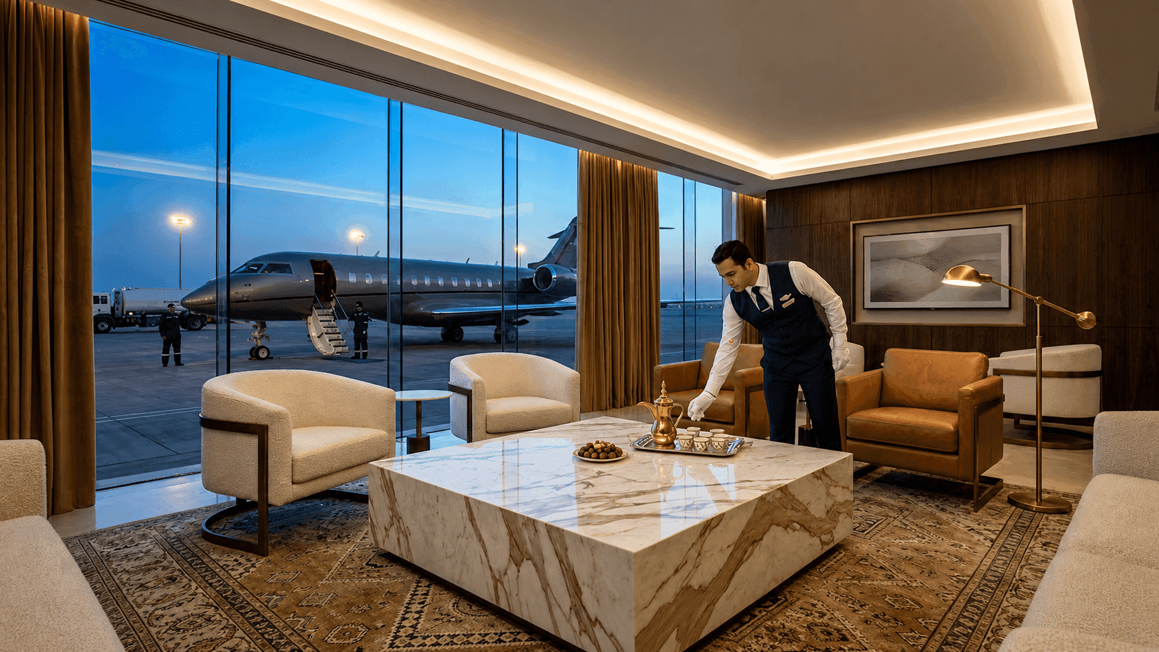 An exclusive private aviation lounge at an FBO terminal