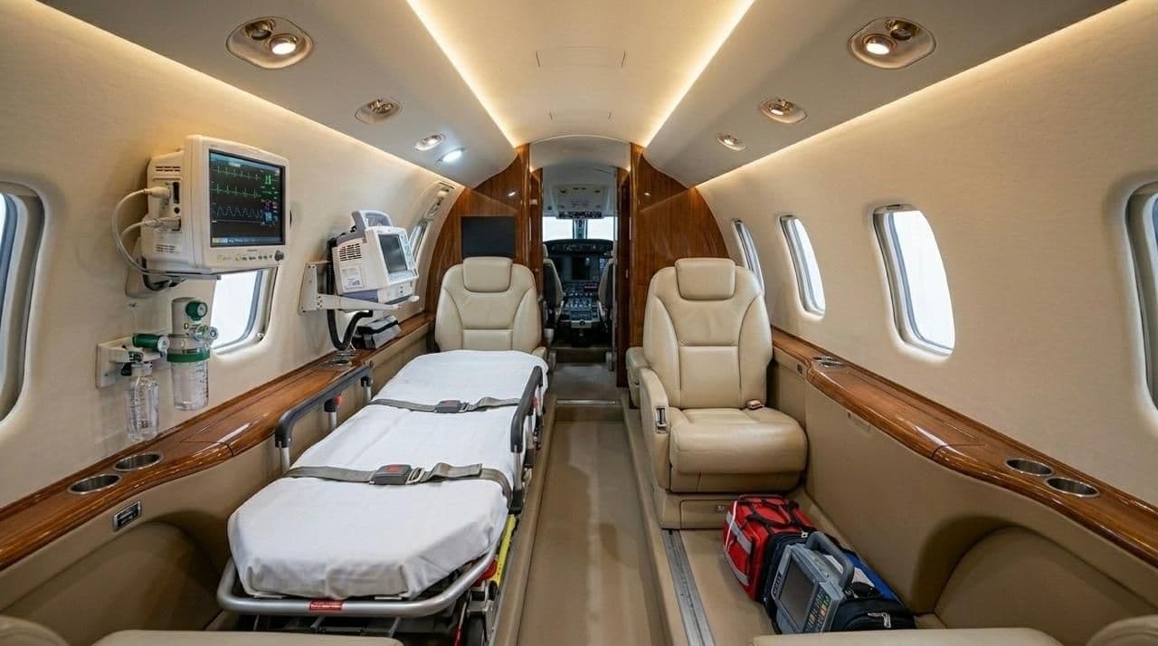 Midsize medevac aircraft interior configured with medical equipment and patient care setup.