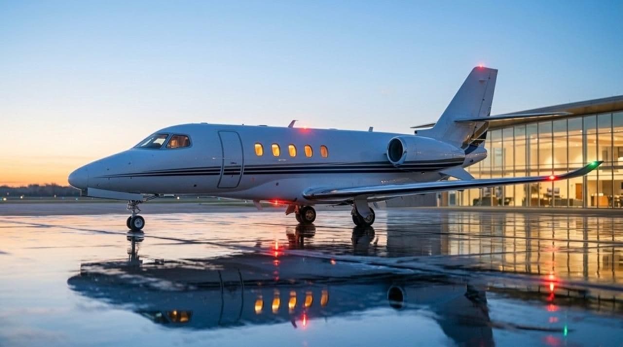 Midsize private jet parked on the apron near a terminal at dusk.