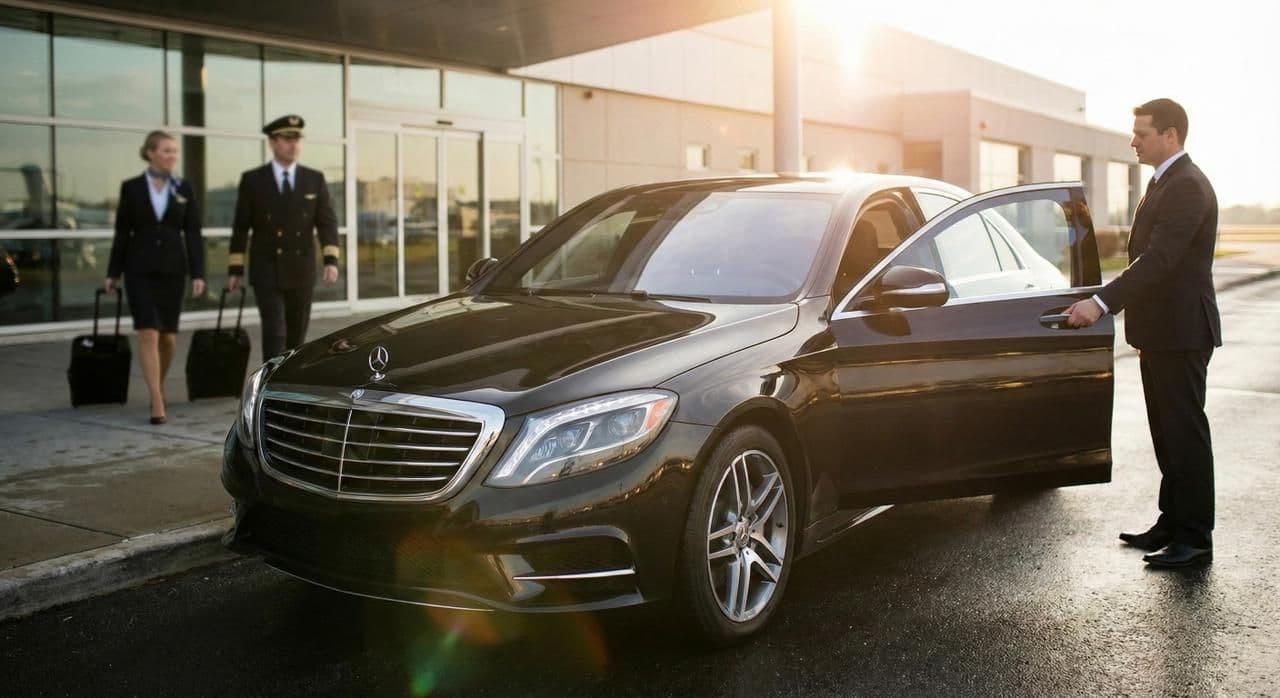 Rental car service with a luxury vehicle ready for airport transfer.