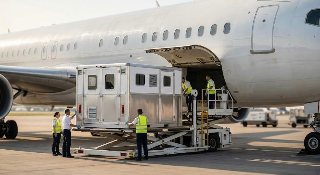 Ground crew loading animal transport crates into an aircraft cargo hold.