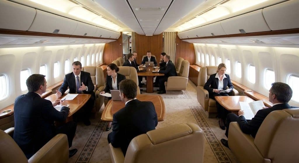 Business travelers inside commercial aircraft charter during luxury commercial flight