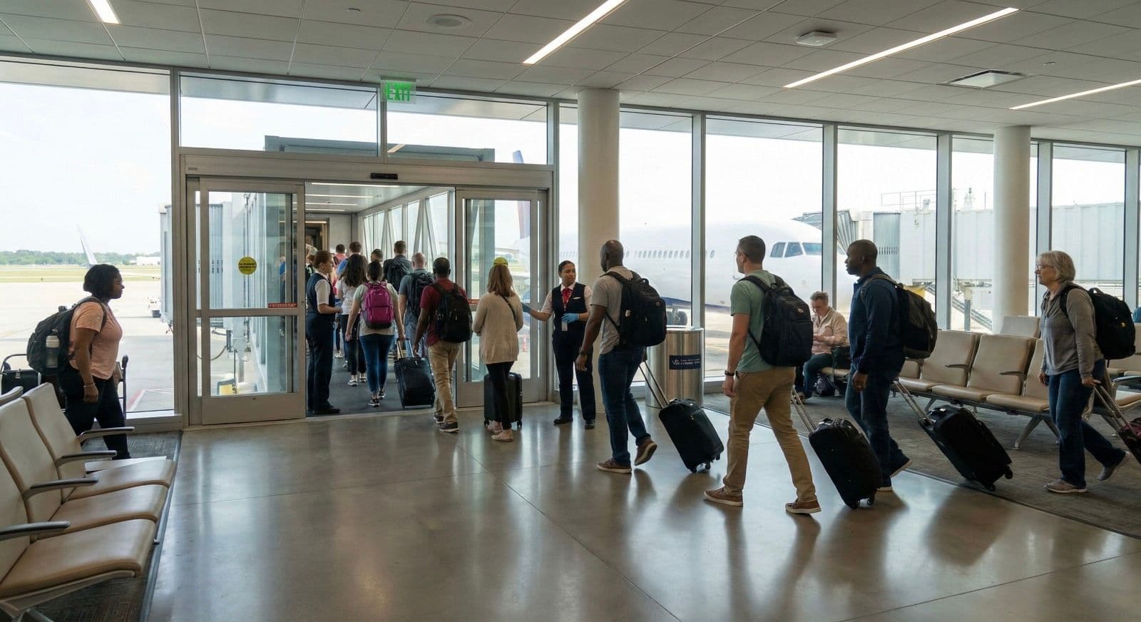 Passengers boarding a plane through a jet bridge at the airport.