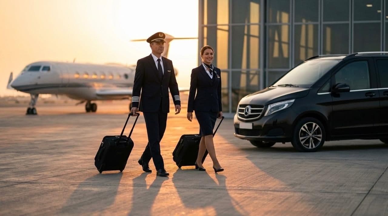 Airline crew members walking with rolling luggage on the tarmac near a transport vehicle.