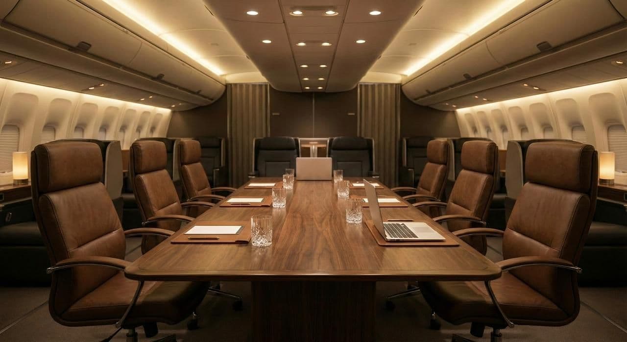 Luxury VIP airliner (bizliner) interior featuring a private meeting and lounge area.