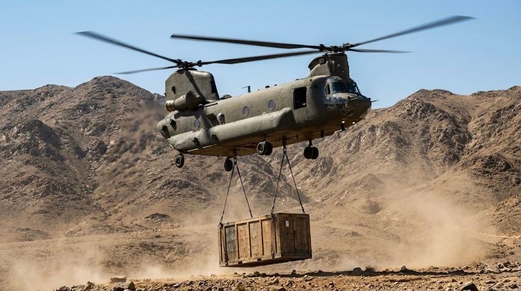 Air cargo charter helicopter lifting heavy cargo for specialized freight transport