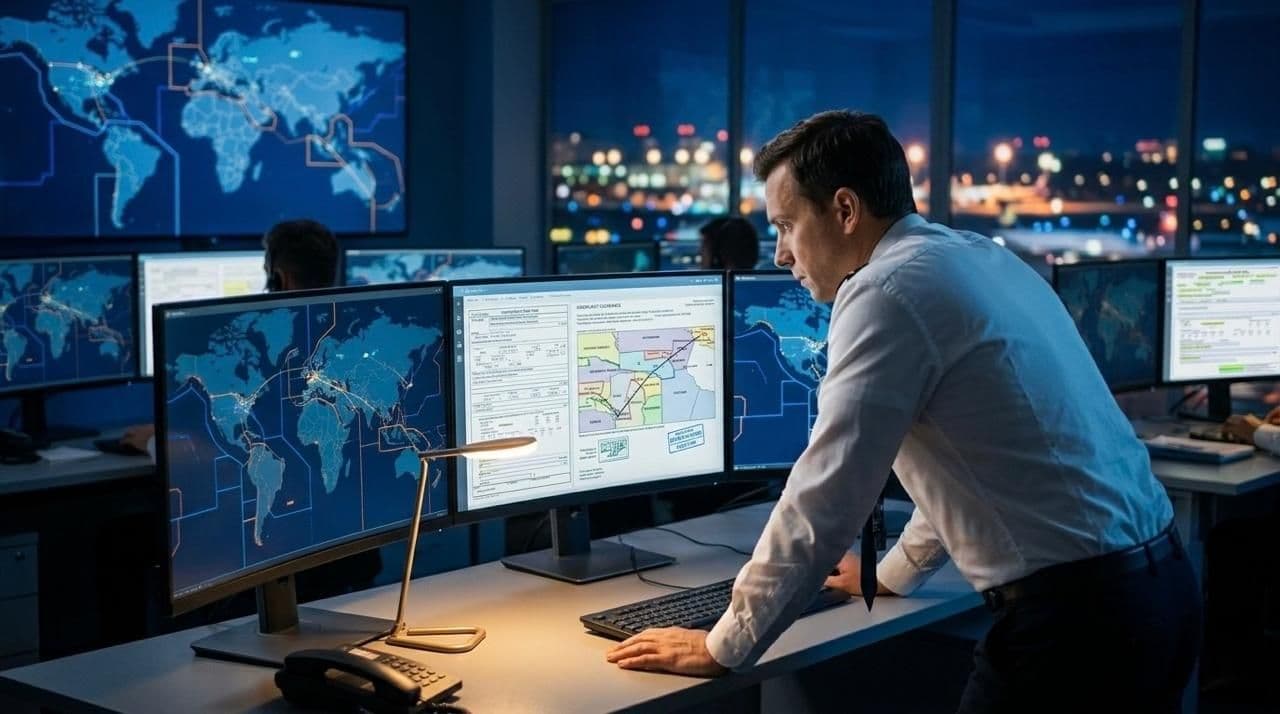 Aviation professional working at a desk handling flight permits and overflight approvals.