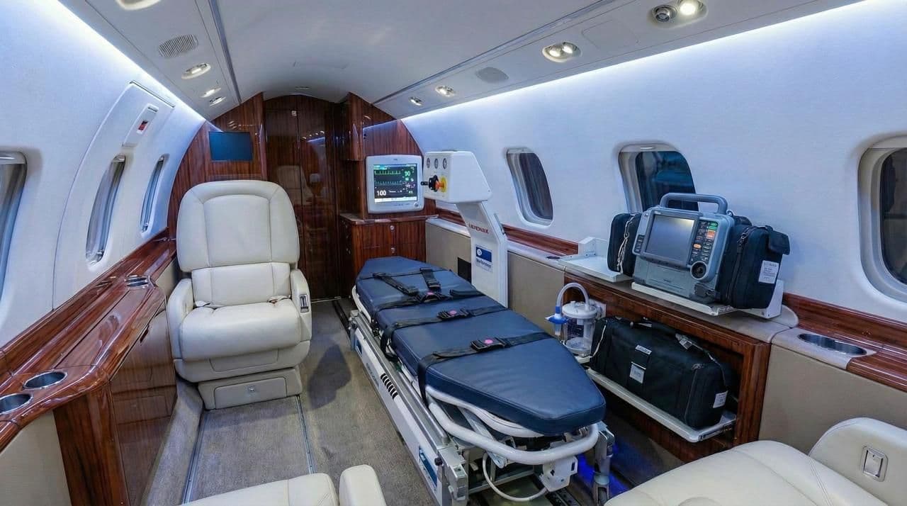 Heavy medevac aircraft interior equipped for critical care transport with advanced medical systems.