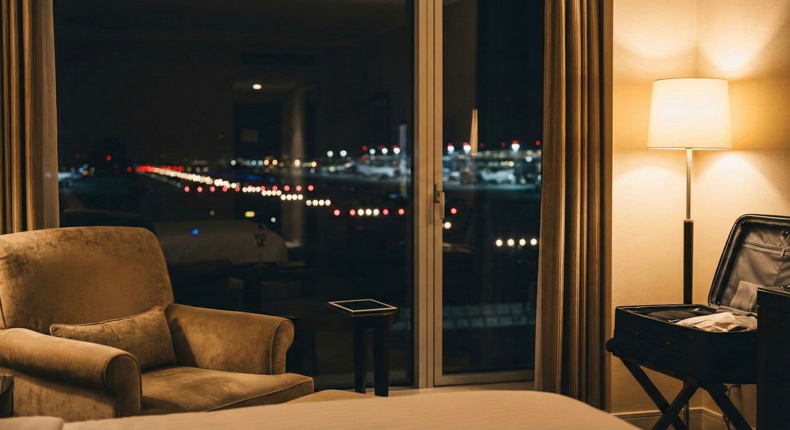 Passengers boarding a plane through a jet bridge at the airport.  Cozy hotel room at night overlooking an airport runway with lights.