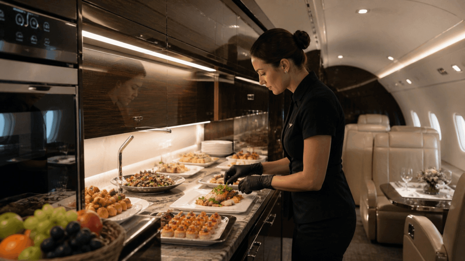 Professional in-flight catering preparation inside a luxury private jet galley
