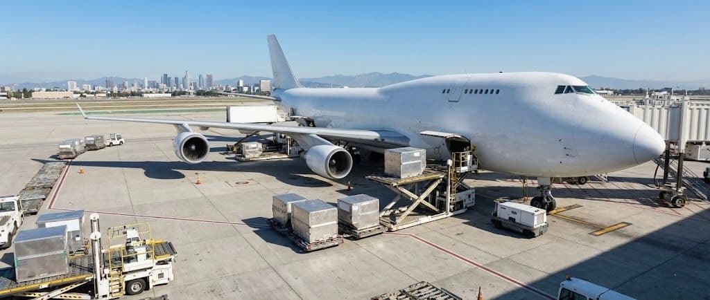 Freight aircraft charter loading cargo with ground equipment for air freight charter services