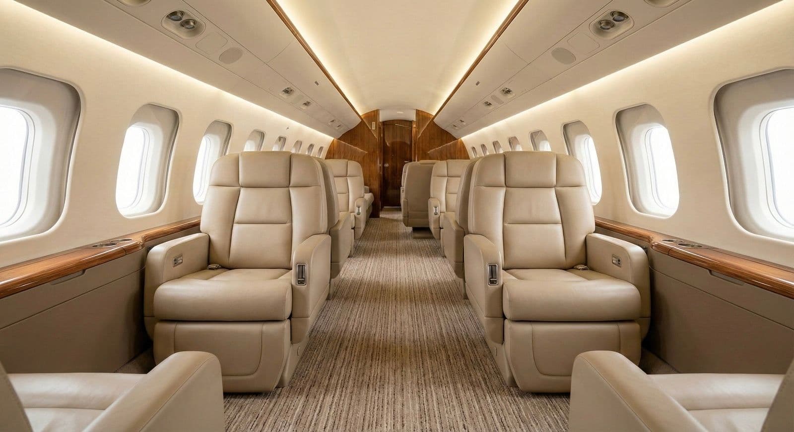 Luxury commercial aircraft charter cabin with premium seats for commercial charter flight