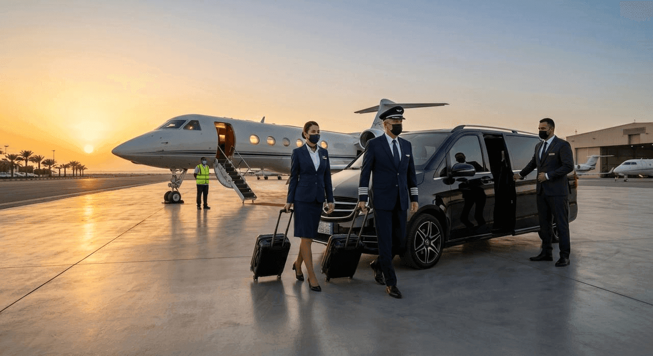 Airline crew transferring between a private jet and ground transport vehicle on the apron.