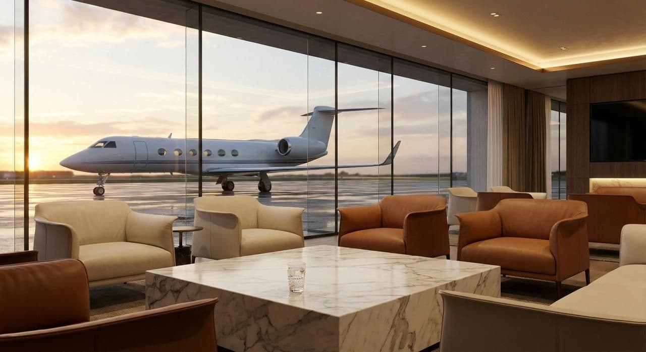 Luxury airport lounge interior with premium amenities and seating.