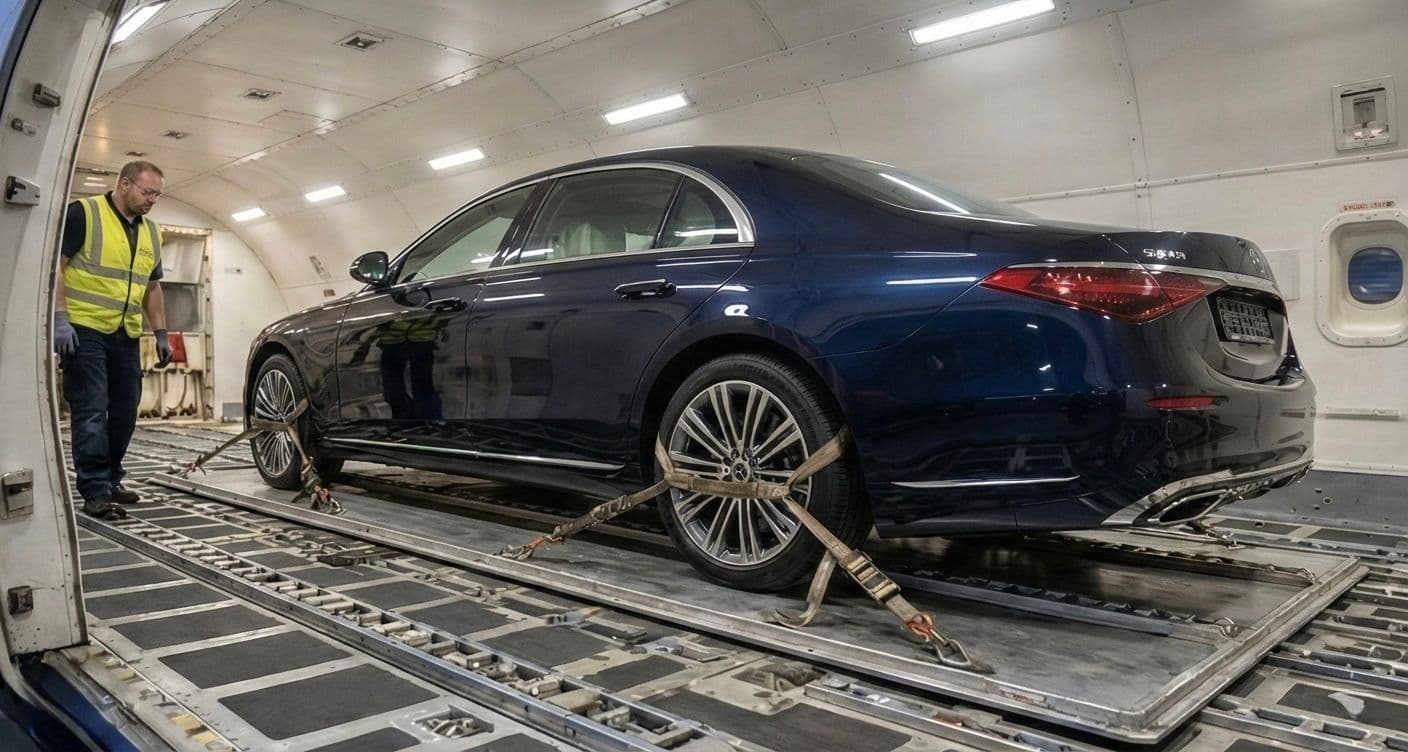 Luxury car secured inside an aircraft cargo hold by a worker