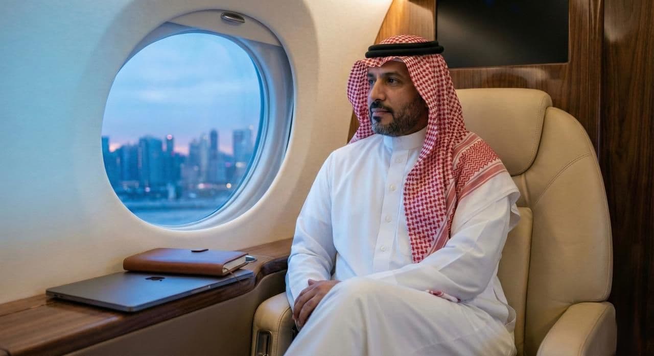 VIP passenger seated in a private jet cabin, representing presidential and corporate flight coordination.