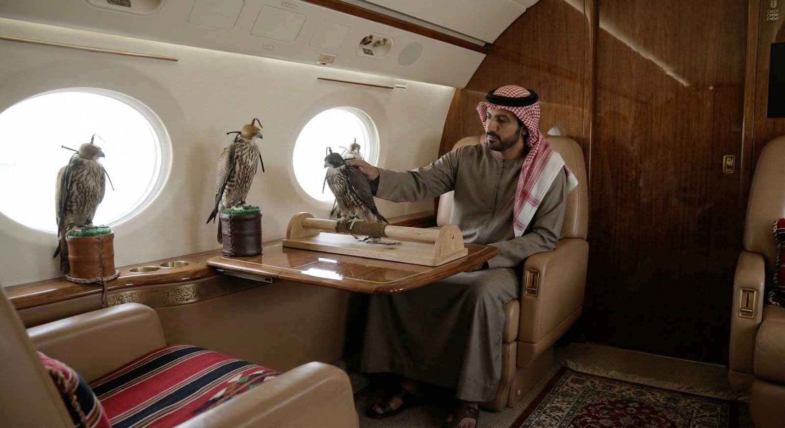 Man in traditional attire sitting in a private jet cabin with trained falcons.