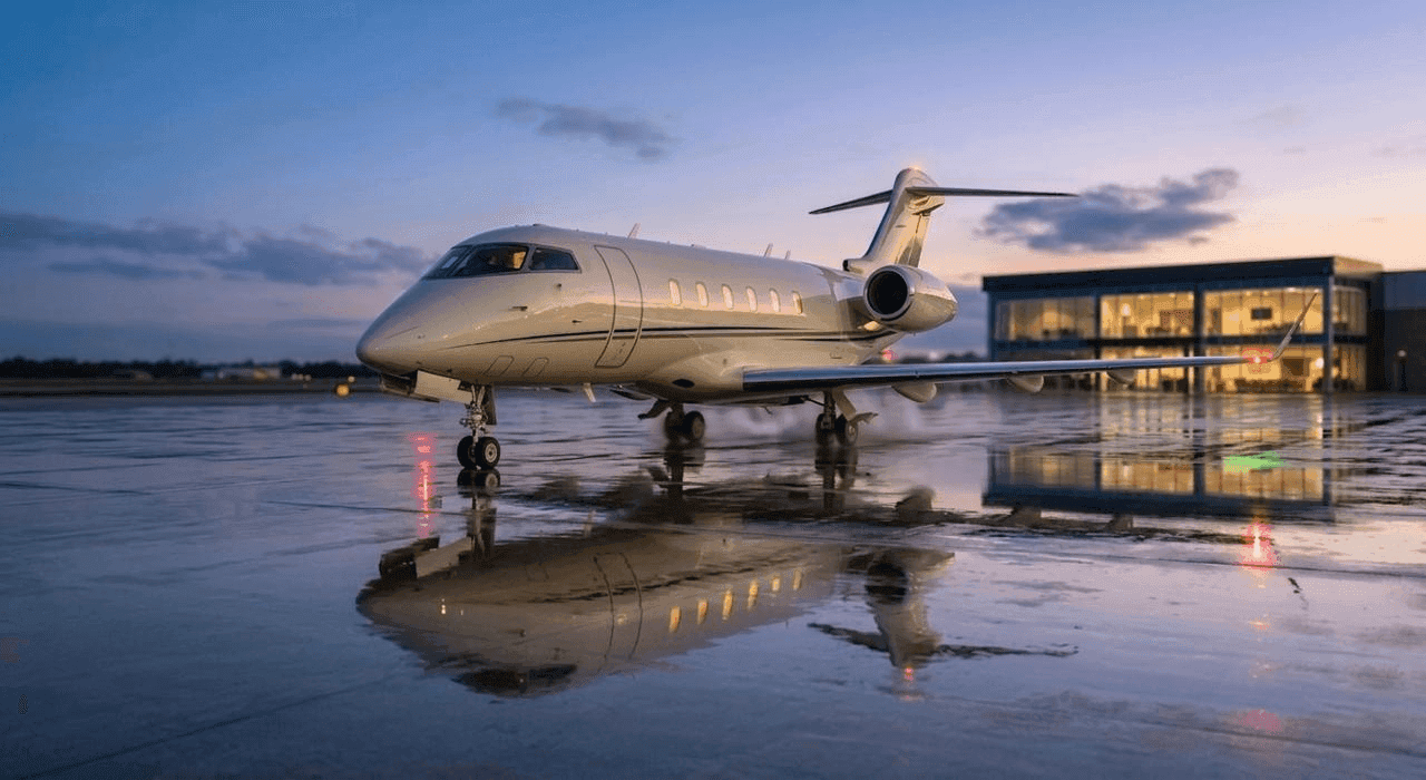 Midsize business jet parked on a rain-soaked apron at dusk, with reflections on the tarmac and a private terminal in the background