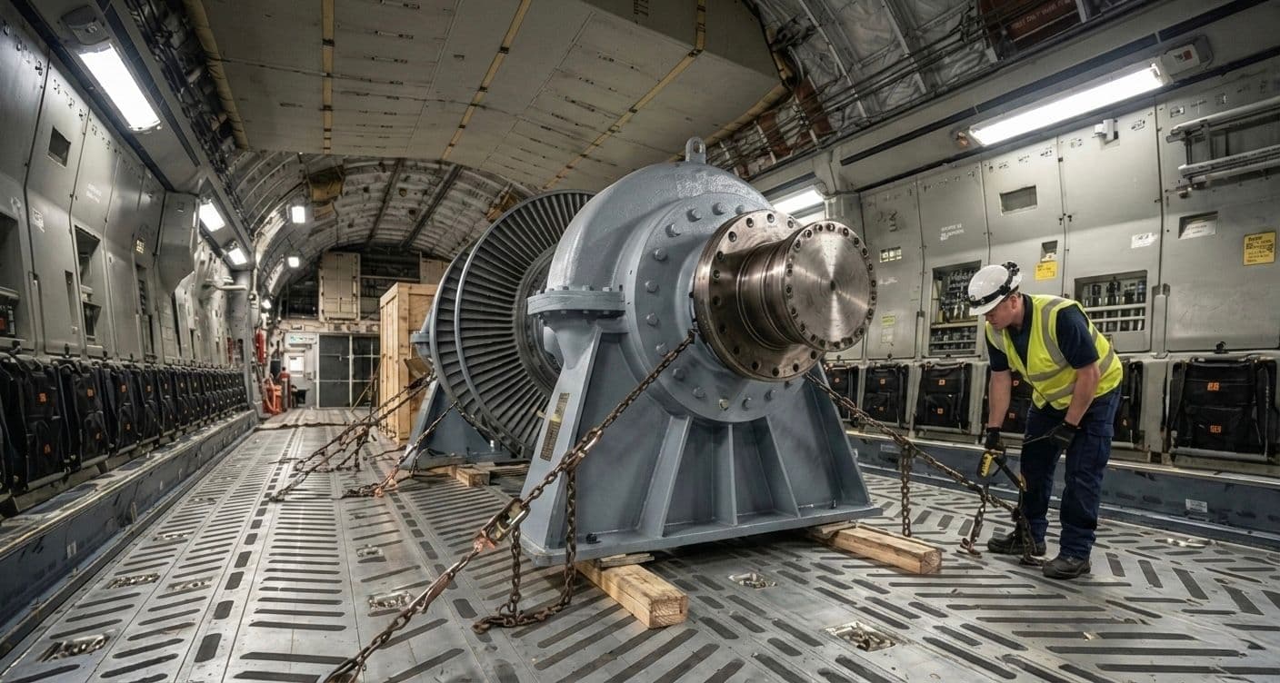 Worker securing heavy industrial equipment inside an aircraft cargo hold.