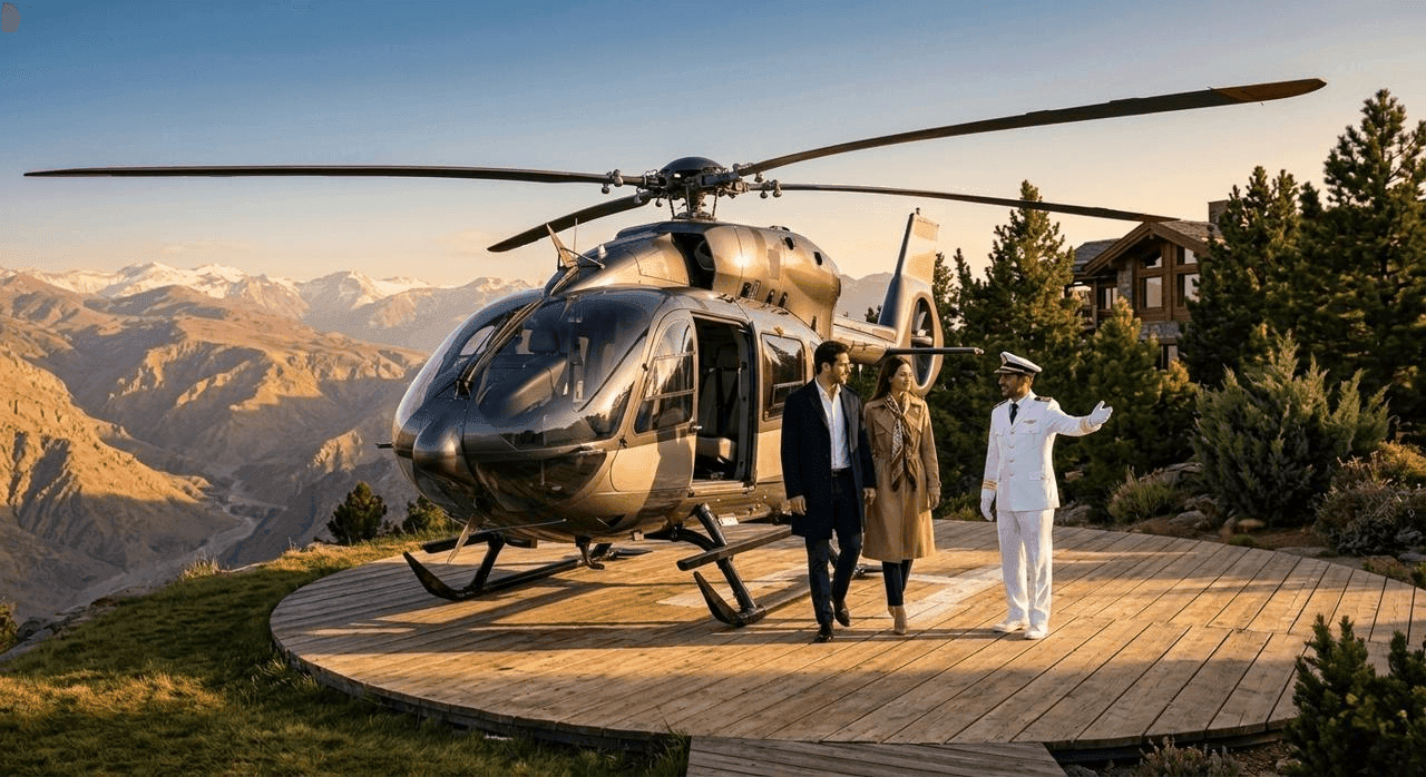 Luxury helicopter charter arrival at a private mountain helipad, with passengers being welcomed by a pilot, highlighting premium rotorcraft travel and exclusive access to remote destinations.