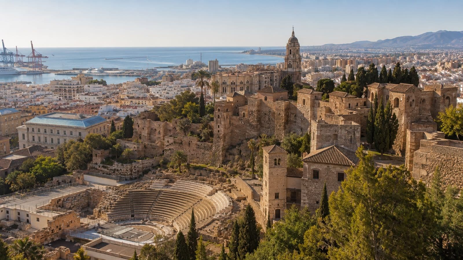 Panoramic view of Málaga’s historic center featuring the Roman Theatre, Alcazaba fortress, cathedral, and Mediterranean coastline.