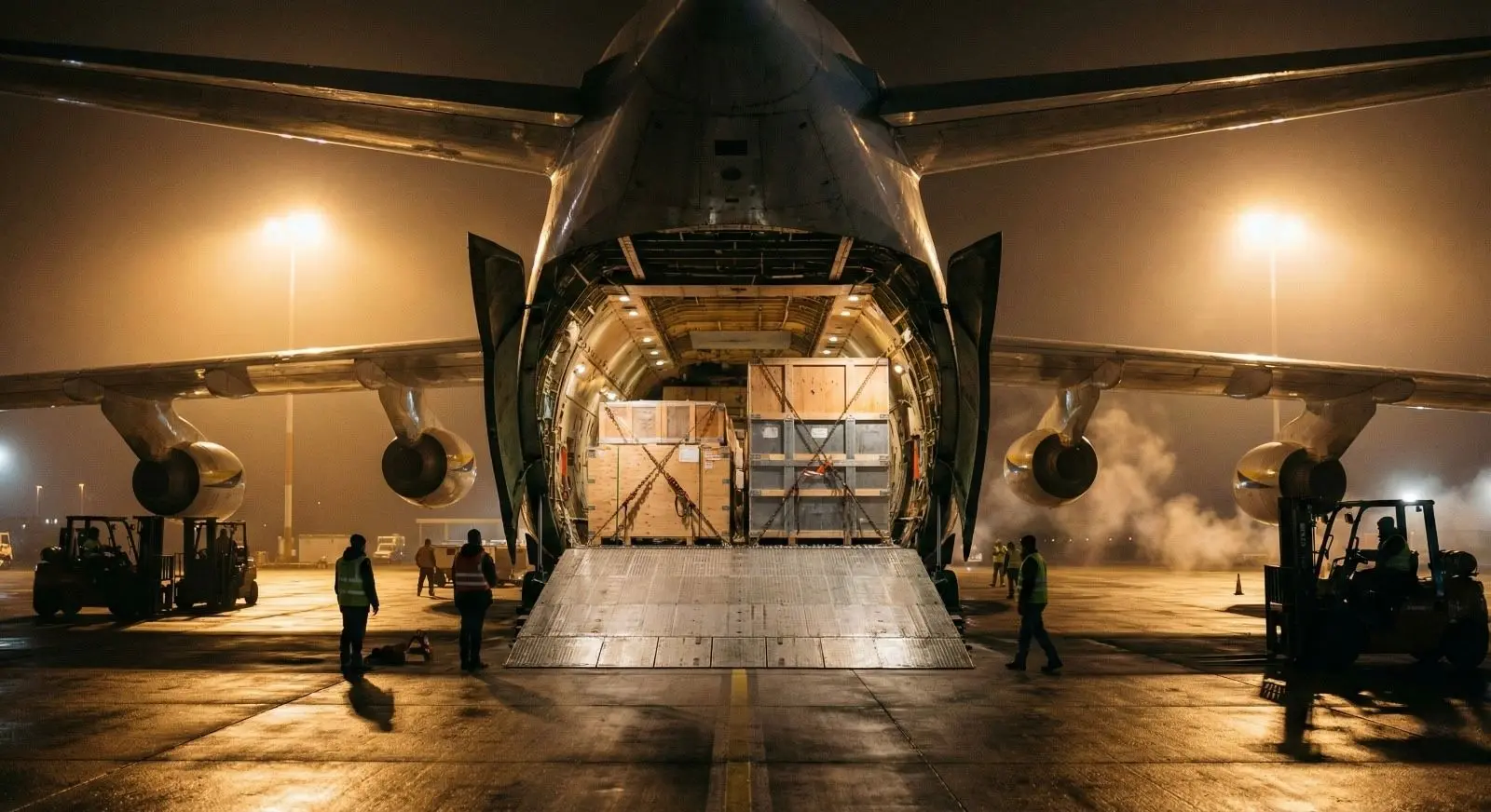 Cargo plane loading crates at night with workers and forklifts on the runway.