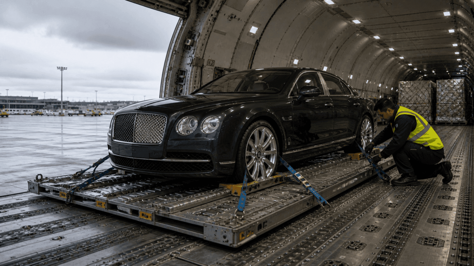 Luxury vehicle secured inside an aircraft cargo hold for automotive air cargo charter transport