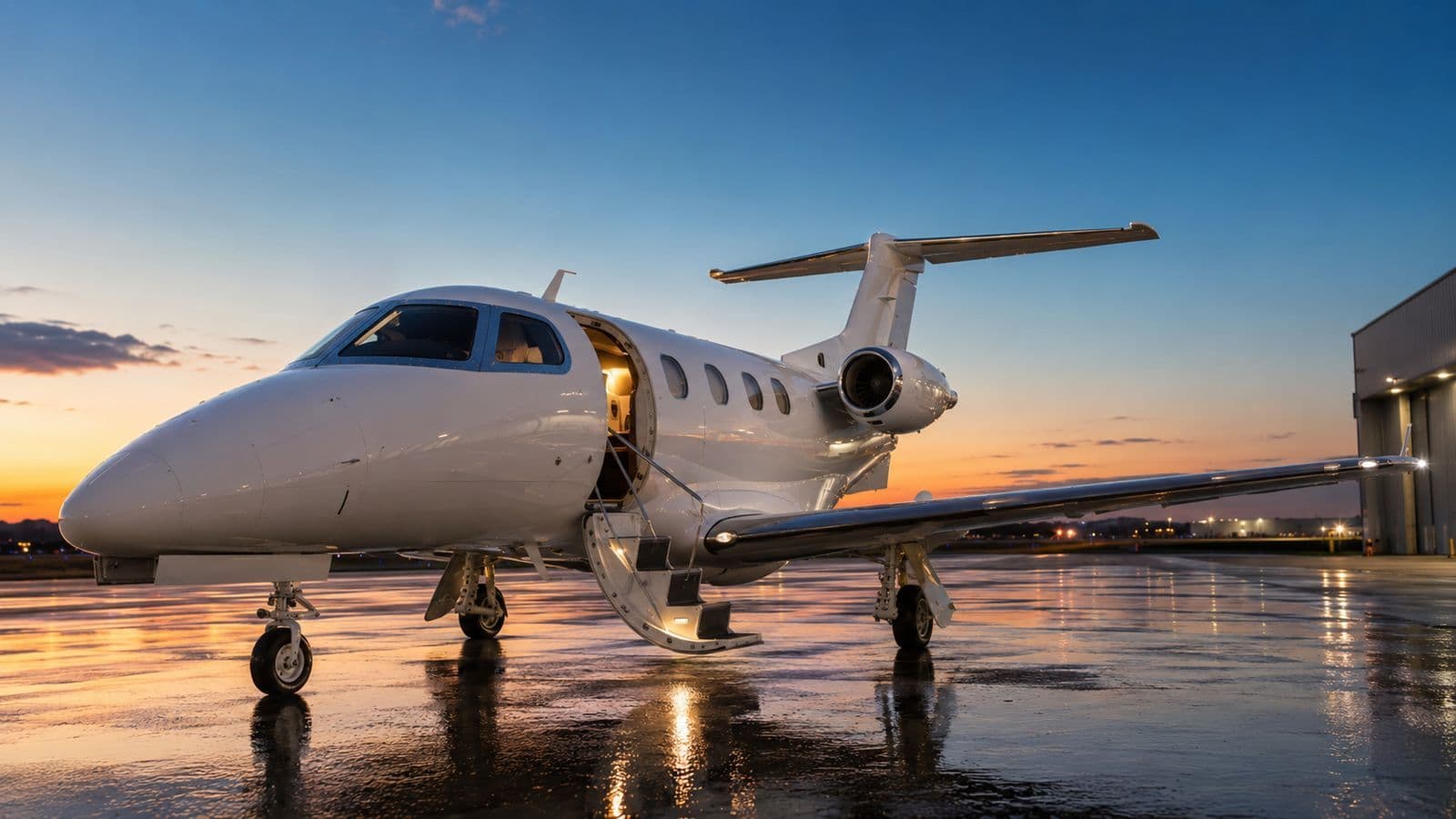 A very light jet parked on a rain-slick airport apron at sunset