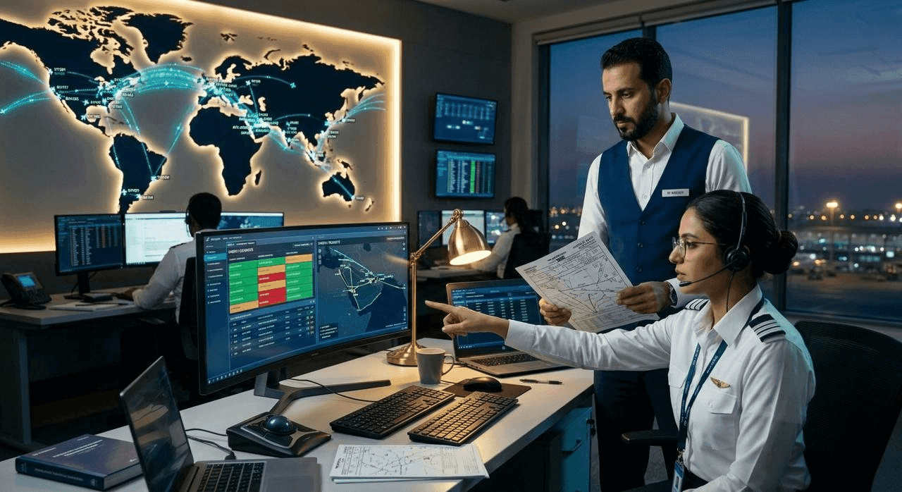 Flight operations specialists managing global routing, landing and overflight permissions, with real-time data monitoring and coordination in an aviation control center.