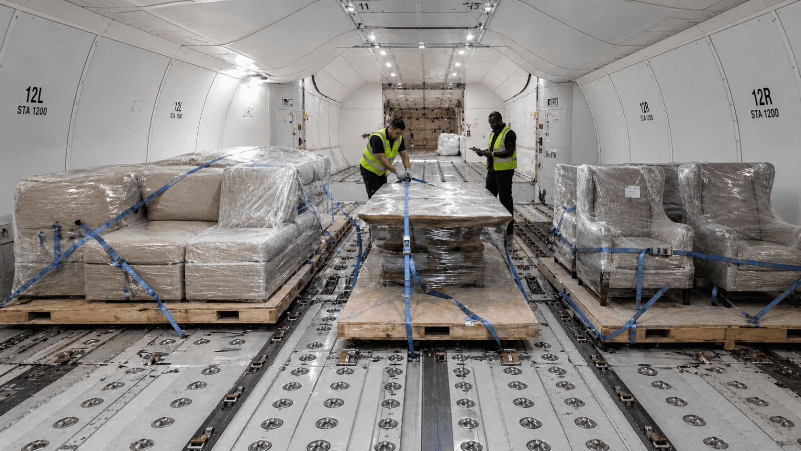 Furniture secured inside an aircraft cargo hold for airfreight transport