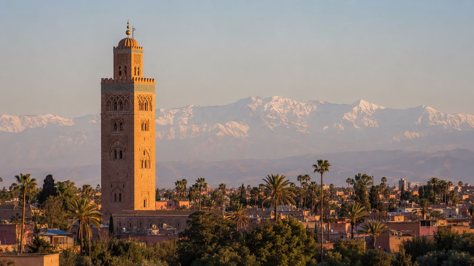 Panoramic view of Marrakech featuring the historic Koutoubia Mosque