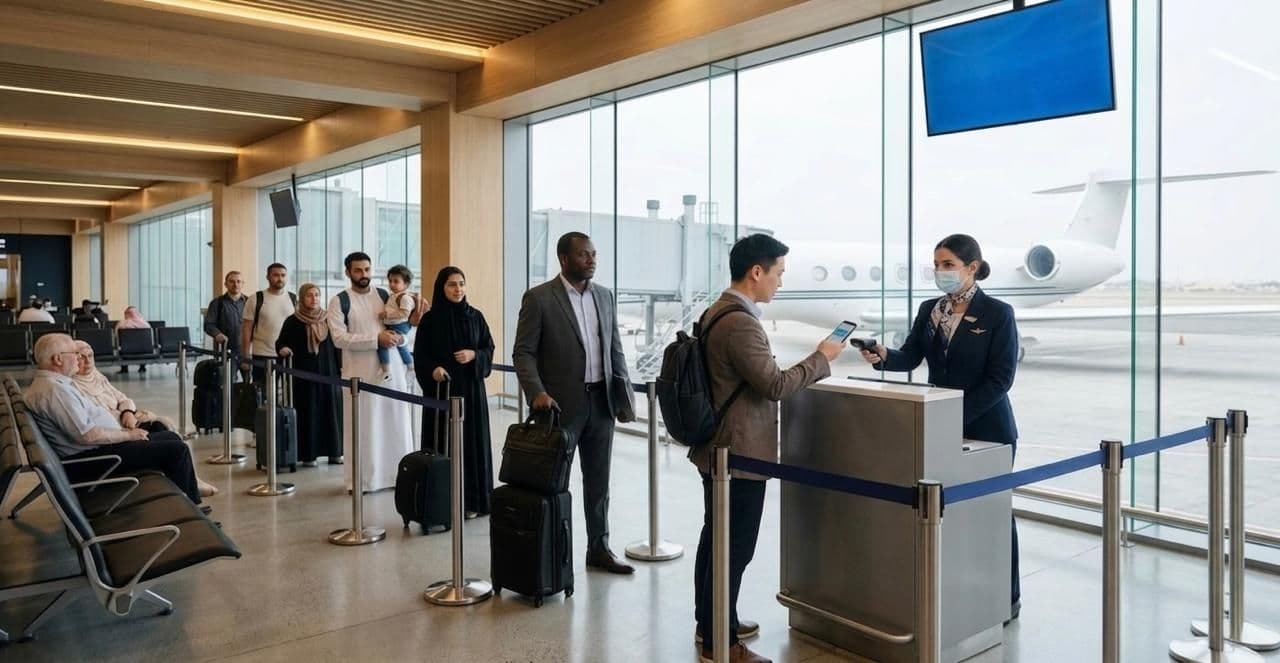 Passengers undergoing check-in and document verification at a private aviation terminal