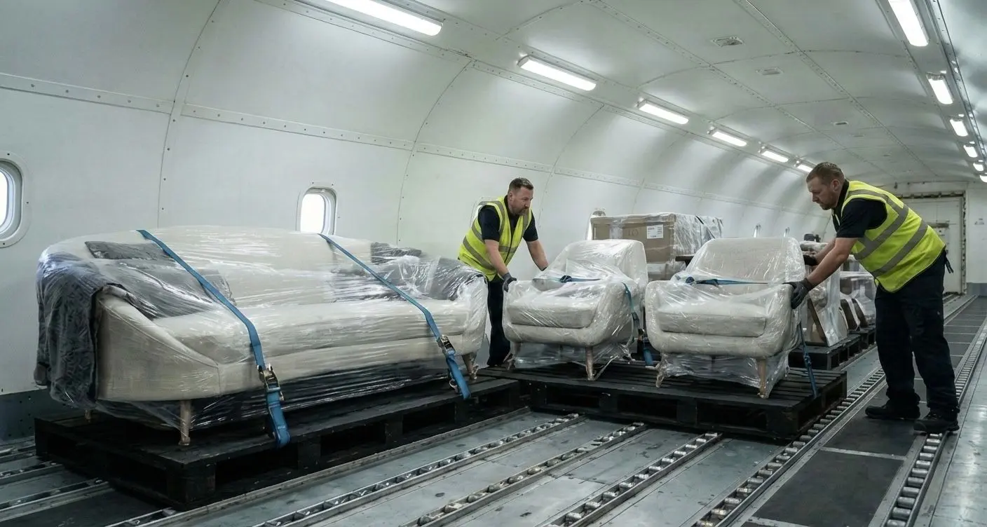 Two workers securing wrapped furniture inside an aircraft cargo hold.