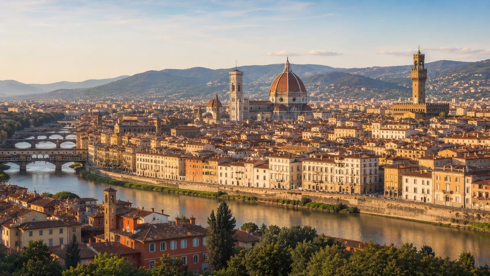 Florence, Italy, skyline featuring the Duomo, Palazzo Vecchio, and the Arno River at sunset